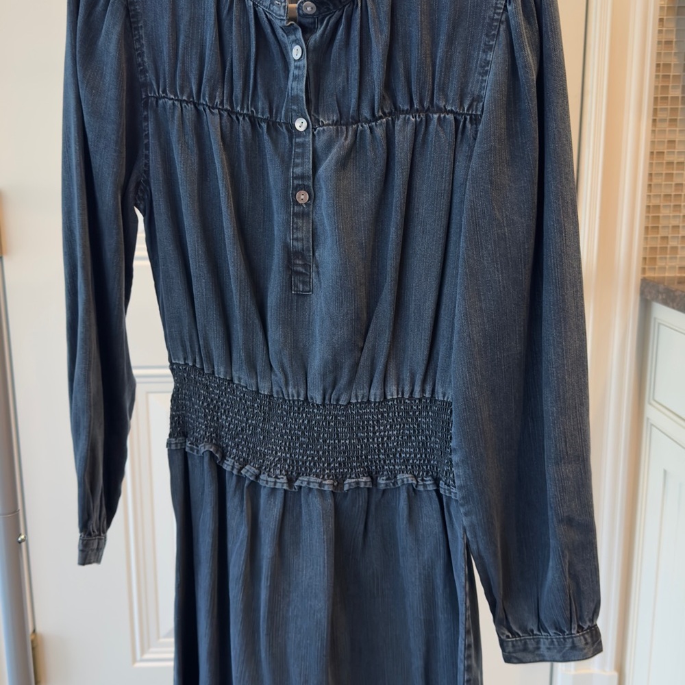 Rails Dark Blue Long Sleeve Smocked Waist Button Front Dress